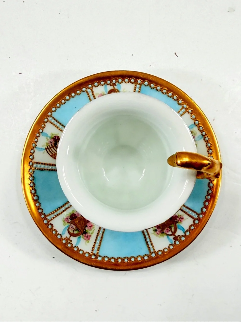 SUPER RARE Antique 1900s Rosenthal Tea Cup Saucer Set Sky Blue Gold Swan Handle